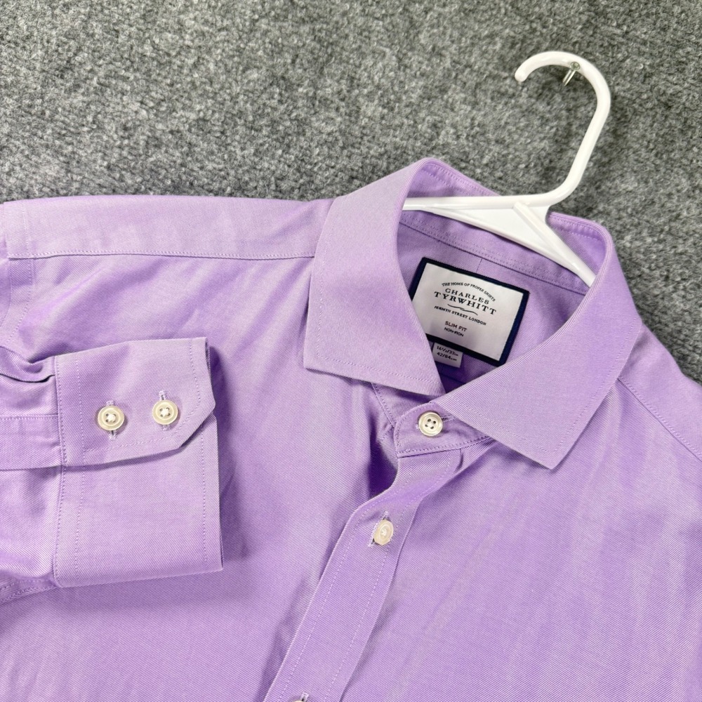 Charles Tyrwhitt Dress Shirt Men 16.5x33 Purple 100% Cotton Slim Fit Non-Iron